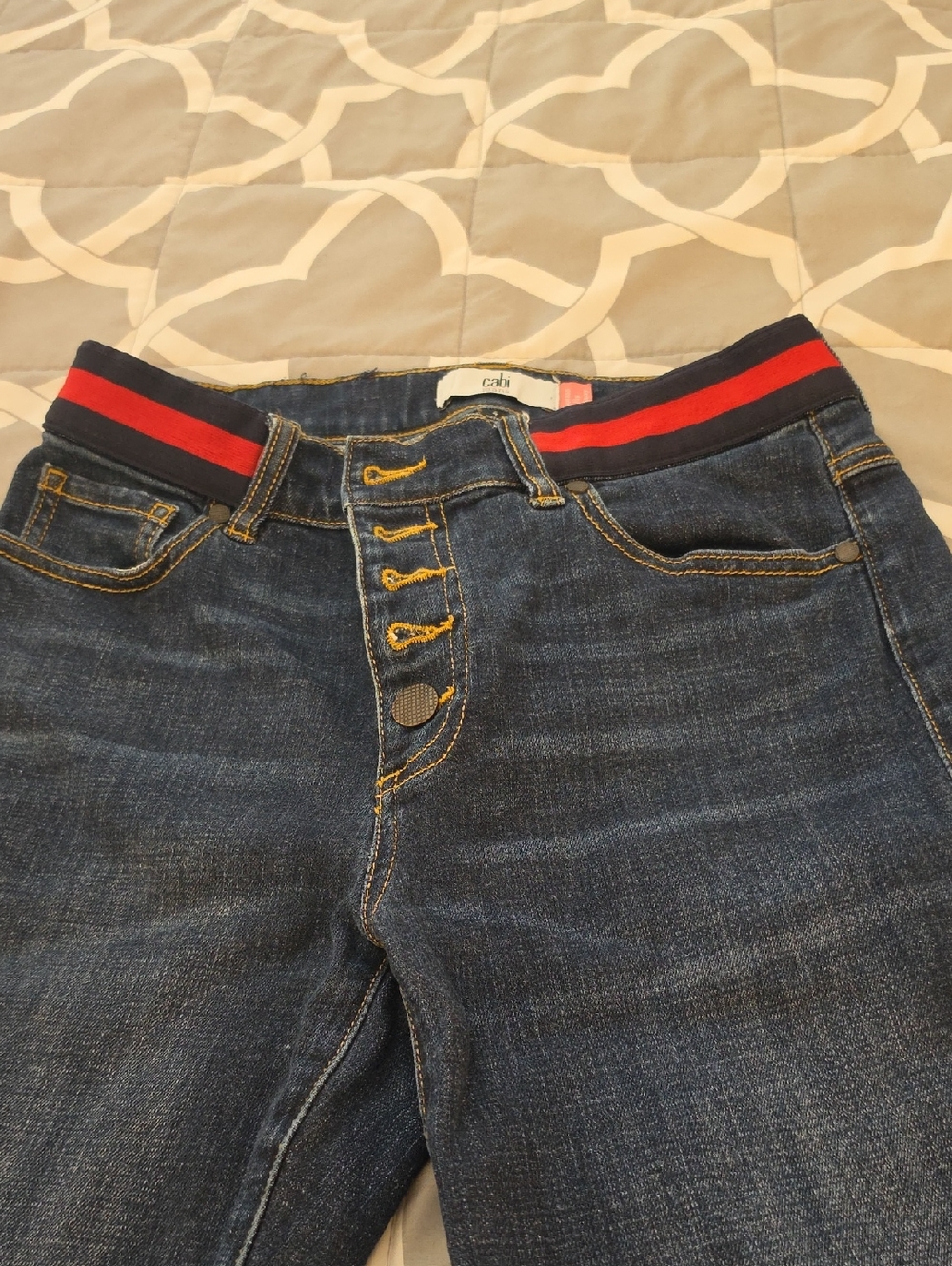 CAbi Dark Blue Jeans with Red and Black Waistband